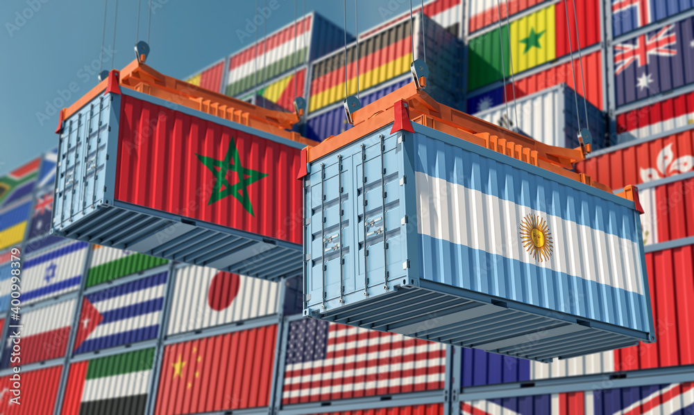 Freight containers with Argentina and Morocco national flags. 3D Rendering 