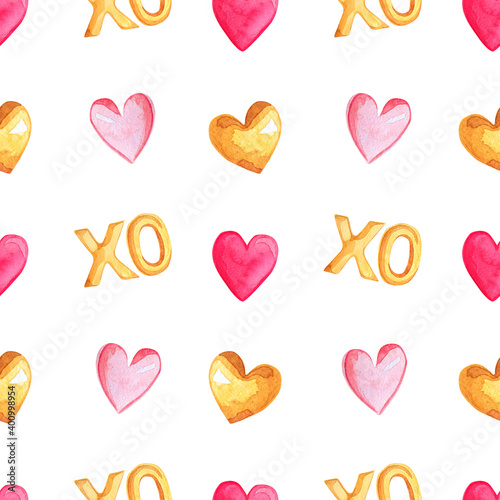 Valentine's Day Balloon Print. Watercolor seamless pattern with the inscription XO and hearts on a white background. Gold balloon in the form of a heart and gold letters XO.
