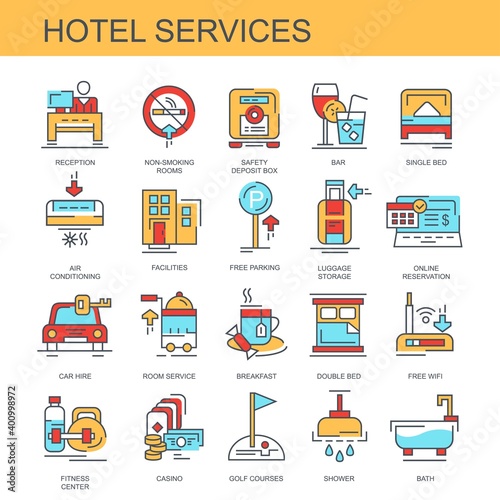 Hotel service. Set of color, flat, vector, linear icons. Set of icons for the site. The set contains icons such as reception, shower, breakfast, free Wi-Fi, fitness center and others.