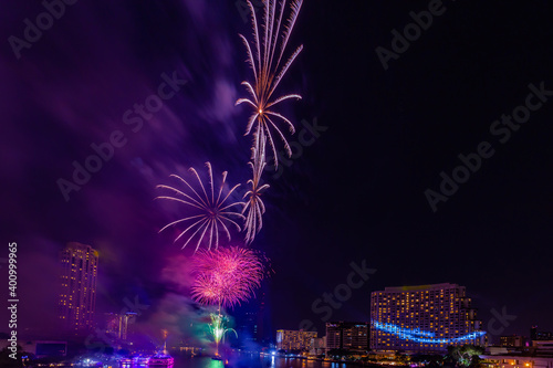 Fireworks to celebrate New Year on the Chao Phraya River in Bangkok, Thailand. © powerbeephoto