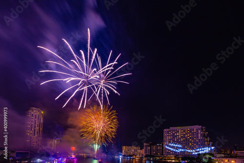 Fireworks to celebrate New Year on the Chao Phraya River in Bangkok, Thailand.