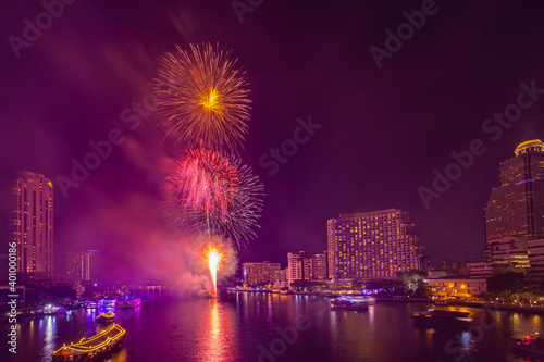 Fireworks to celebrate New Year on the Chao Phraya River in Bangkok  Thailand.