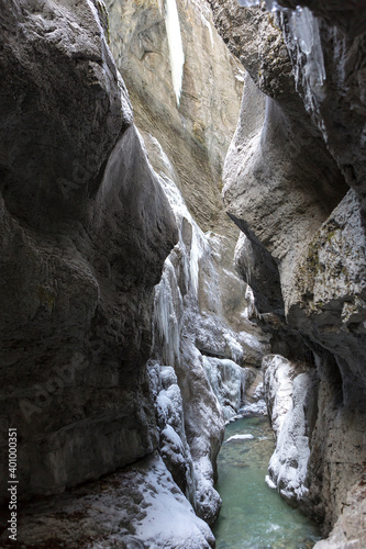 Icicles at Partnachklamm in Garmisch-Partenkirchen, Bavaria, Germany, wintertime