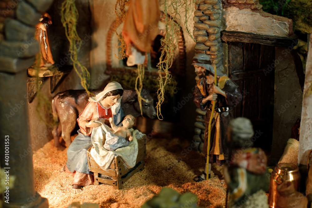 christmas scene, showing nativity scene with baby Jesus christmas scene, showing nativity scene with baby Jesus