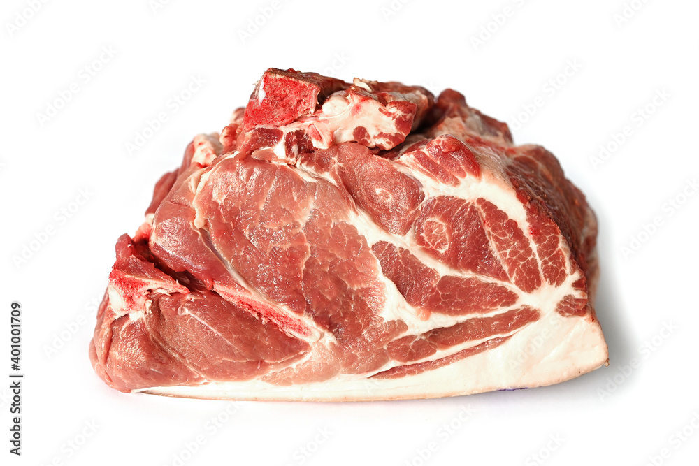 Fresh raw meat isolated on white. Large piece of pork for cooking steak and barbecue