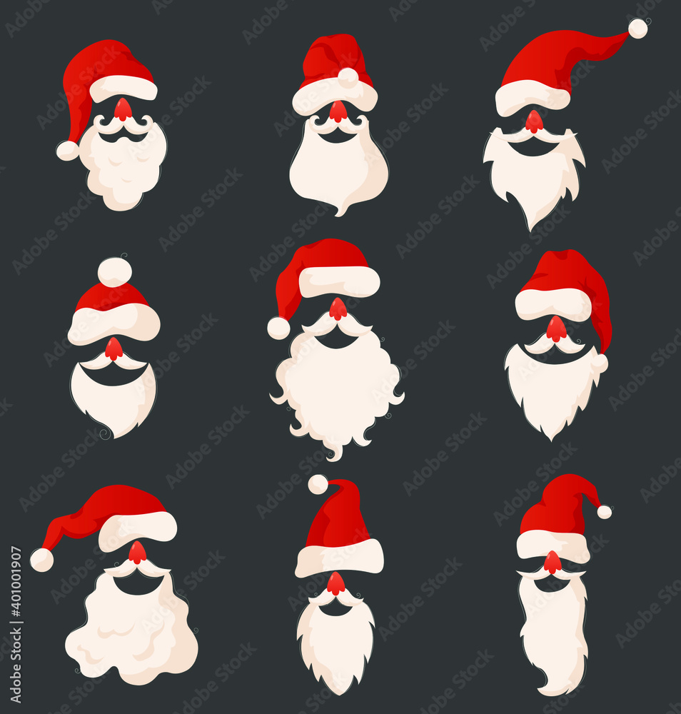 Set of faces of Santa Clauses isolated on brown background. Santa hats, mustaches and beards. Christmas elements in a flat style for a festive face mask. Vector illustration
