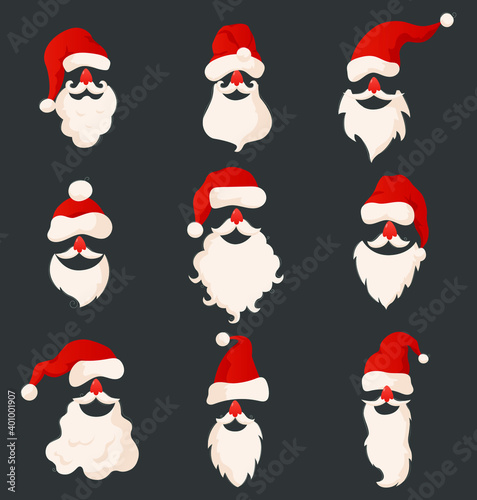 Set of faces of Santa Clauses isolated on brown background. Santa hats, mustaches and beards. Christmas elements in a flat style for a festive face mask. Vector illustration © NADIIA