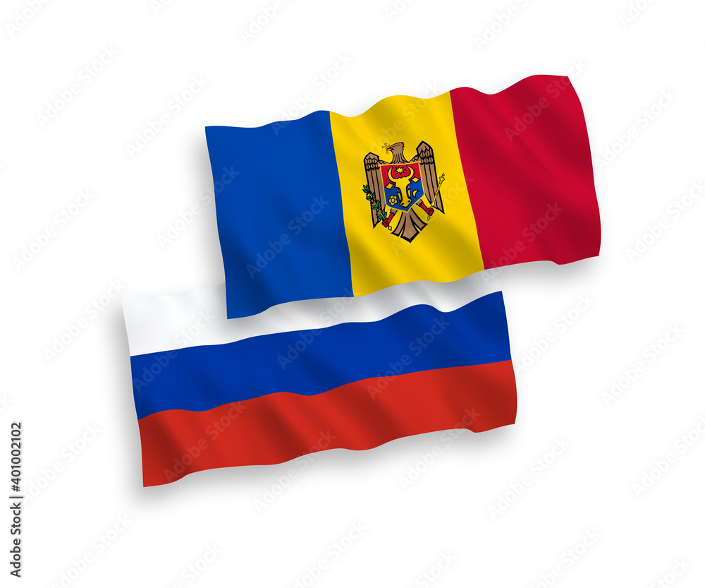 National vector fabric wave flags of Moldova and Russia isolated on white background. 1 to 2 proportion. National vector fabric wave flags of Moldova and Russia isolated on white background. 1 to 2 proportion.