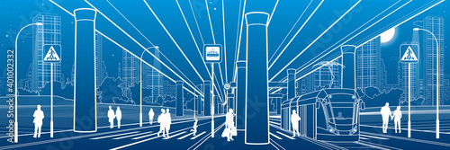 City scene. Urban environment. Automobile bridge, overpass. Tram rides. People walking at street. Night city on background. Electric transport. Outline vector infrastructure illustration. White lines 
