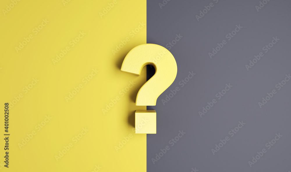 Yellow question mark sign on yellow and grey Background, 3d render, minimal and copy space. Yellow question mark sign on yellow and grey Background, 3d render, minimal and copy space.