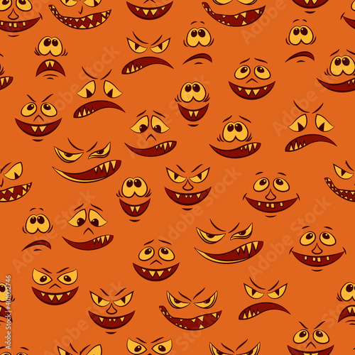 Seamless Pattern, Cartoon Characters, Funny Smiles, Monsters Faces with Various Human Emotions, Tile Background. Vector