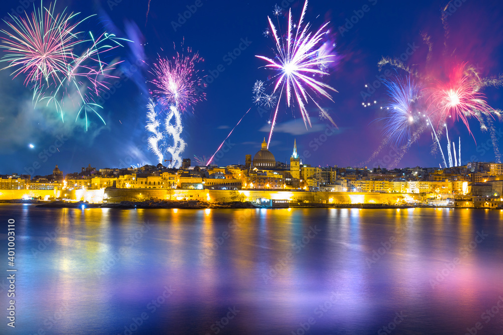 Fototapeta premium Fireworks display over the Valletta city, capital of Malta