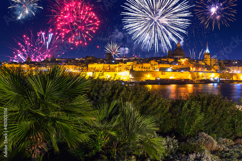 Fireworks display over the Valletta city, capital of Malta