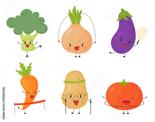 Set of cute vegetables doing sport. Eating healthy and sport. Cute vegetables character vector set.