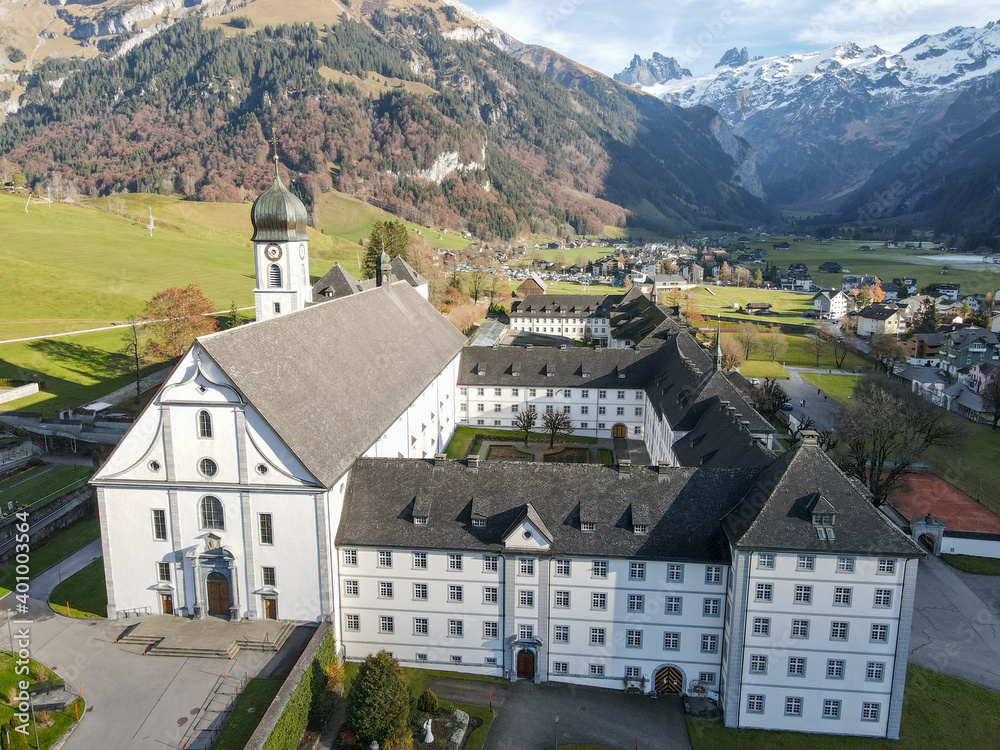 Aerial view at the convent of Engelberg in the Swiss Alps