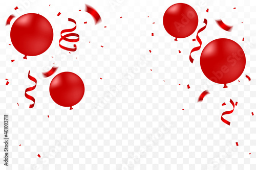 Many Falling Red Tiny Confetti With Balloon Isolated On Transparent Background. Vector