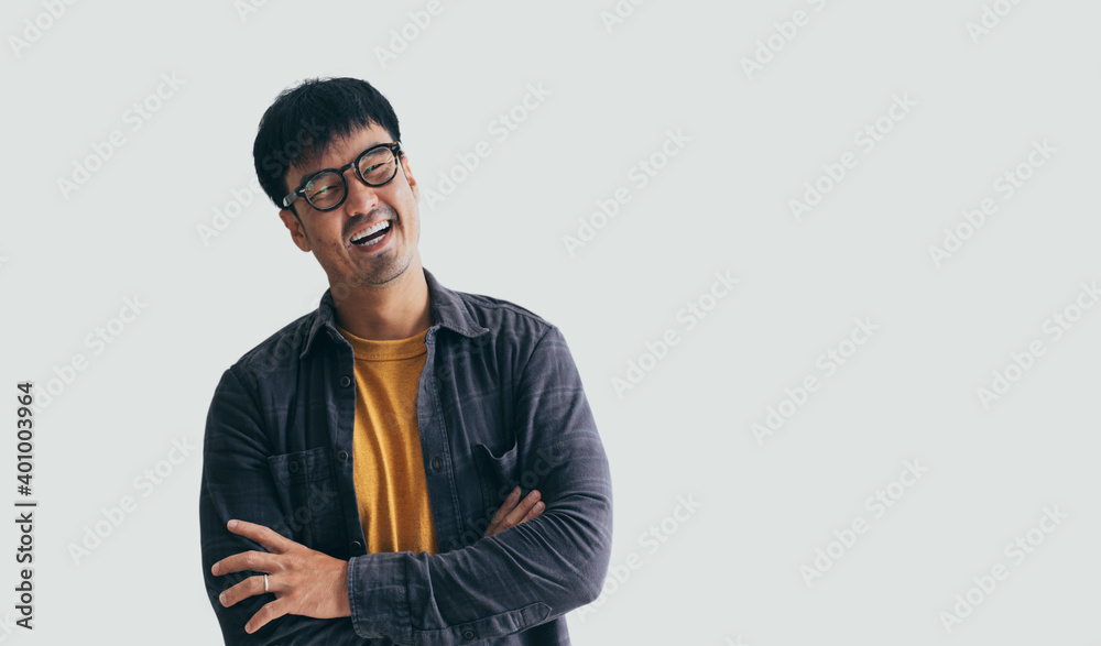 asian man portrait young male wear eye glasses smiling cheerful look thinking position happy with perfect clean skin posing on isolated white background.fashion people life style concept - obrazy, fototapety, plakaty 