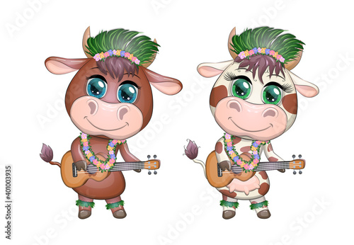 Cute cartoon bull, cow with beautiful eyes, Hawaiian hula dancer character with ukulele guitar among leaves, flowers. Chinese new year cute bull mascot