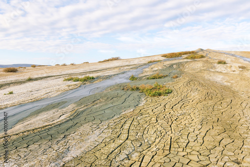 Mud volcanoes panoramic view in Chacuna managed reseve in Georgia. Mysterious and unique places in caucasus. photo