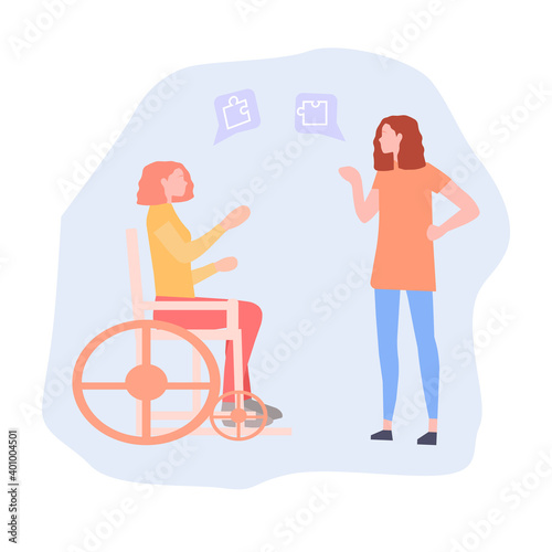 A person with disabilities communicates with another person, vector chart