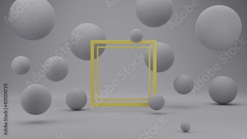 Empty square frame with floating sphere, Abstract 3D render with copy space for branding banner, showcase for product promotion, year 2021 pantone color theme photo