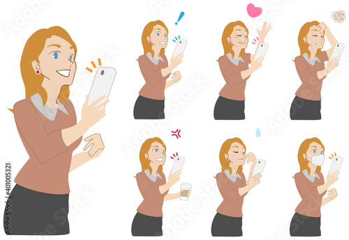 スマートフォン、女性のいろいろな表情セット