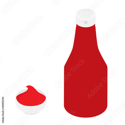 Ketchup bottle and tomato ketchup in a bowl isolated on white background