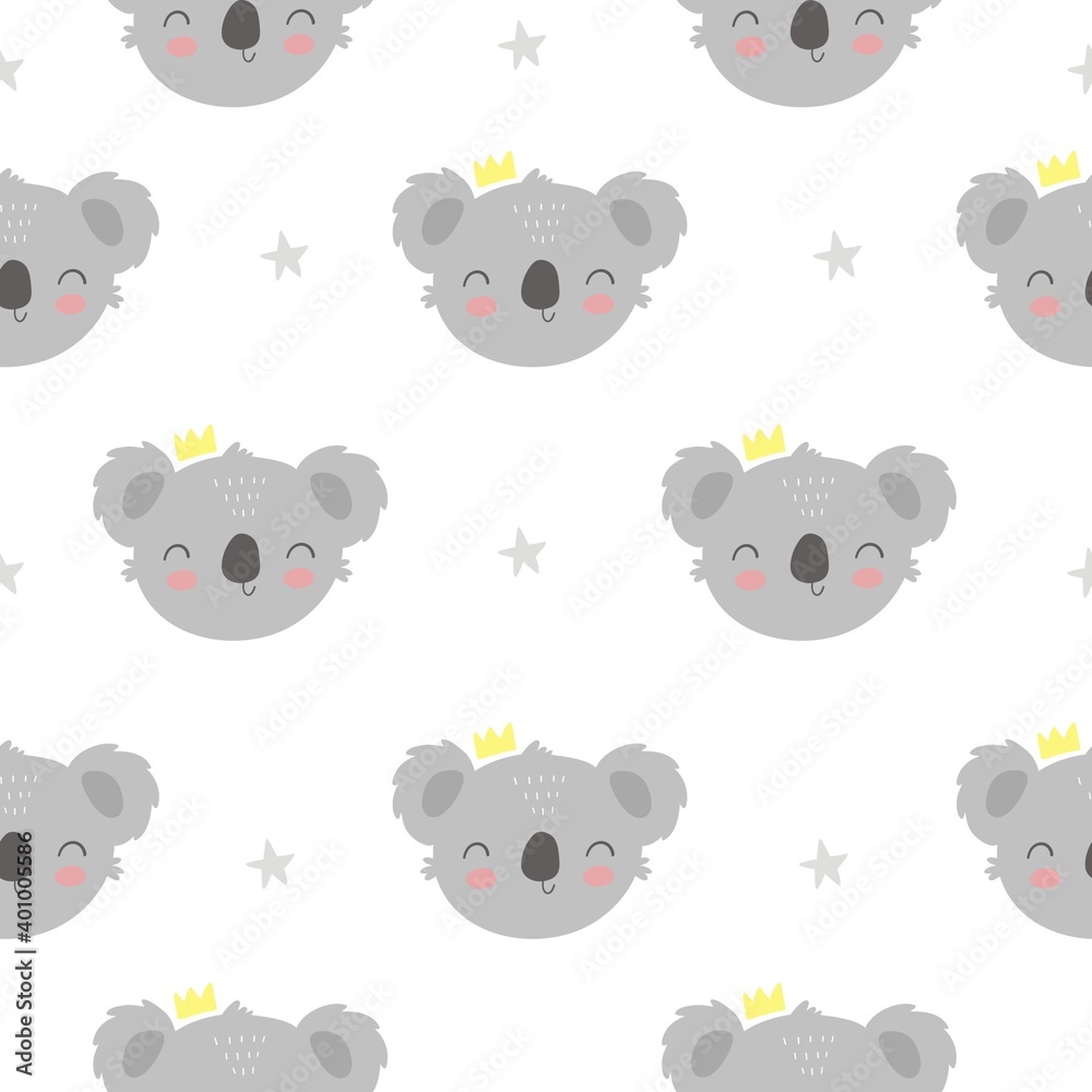 Cute cartoon character koala. Print for baby shower party. Vector print with baby koala. Seamless pattern