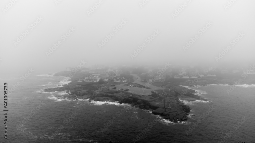 Aerial drone photo of York Maine USA black and white foggy weather