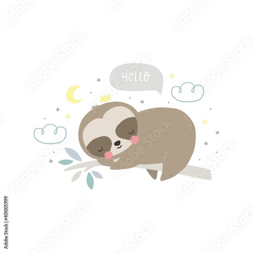 Cute cartoon sloth baby sleeping. Windy poster for Baby shower with a cute sleeping sloth character. A wonderful print for the decor of a children's bedroom.