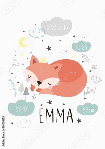 Cute cartoon fox baby sleeping. Windy poster for Baby shower with a cute sleeping fox character. A wonderful print for the decor of a children's bedroom.