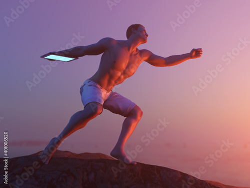 strong man throws a tablet from a rock