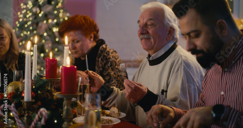 Mature and adult family members chatting at Christmas dinner