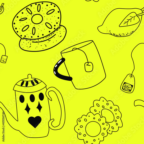 Tea ceremony seamless pattern. Vector doodle illustration.