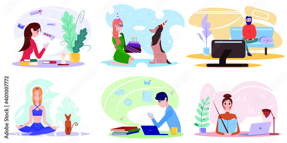 People stay at home. Quarantine, keep calm concept people think dream in quarantine at home with speech bubbles. Pople watching TV, doing exercises and yoga, relax, communicate. Vector illustration