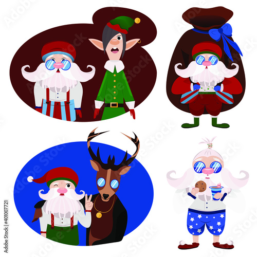 Fototapeta Naklejka Na Ścianę i Meble -  Set of santa claus character. Character cute and style santa with helpers deer ana elf on white background flat. Christmas and New year Santa Claus. Vector illustration