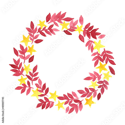 Red leaves and Christmas star wreath watercolor hand painting for decoration on Autumn and Christmas holiday events.