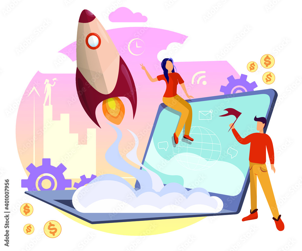 Successful startup concept with people working. Businessman launching a huge light bulb, rocket, launching a business project, web template. Vector illustration 