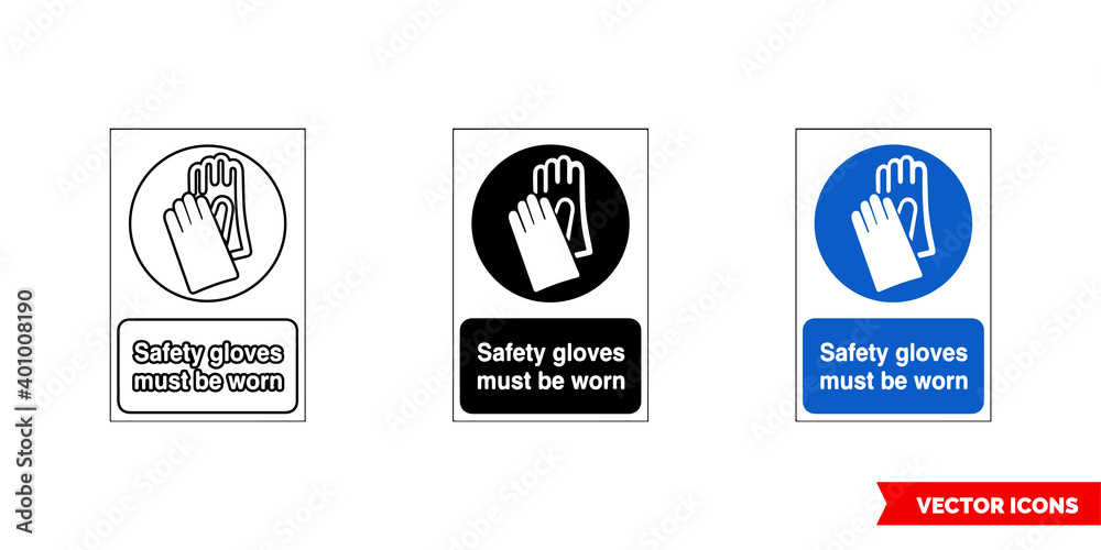 Mandatory signs safety gloves must be worn icon of 3 types color, black and white, outline. Isolated vector sign symbol. Mandatory signs safety gloves must be worn icon of 3 types color, black and white, outline. Isolated vector sign symbol.