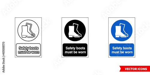 Mandatory signs safety boots must be worn icon of 3 types color, black and white, outline. Isolated vector sign symbol.