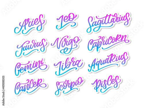 Zodiac lettering Vector Sign. Cartoon astrology text illustration. Horoscope handwritten icon set.