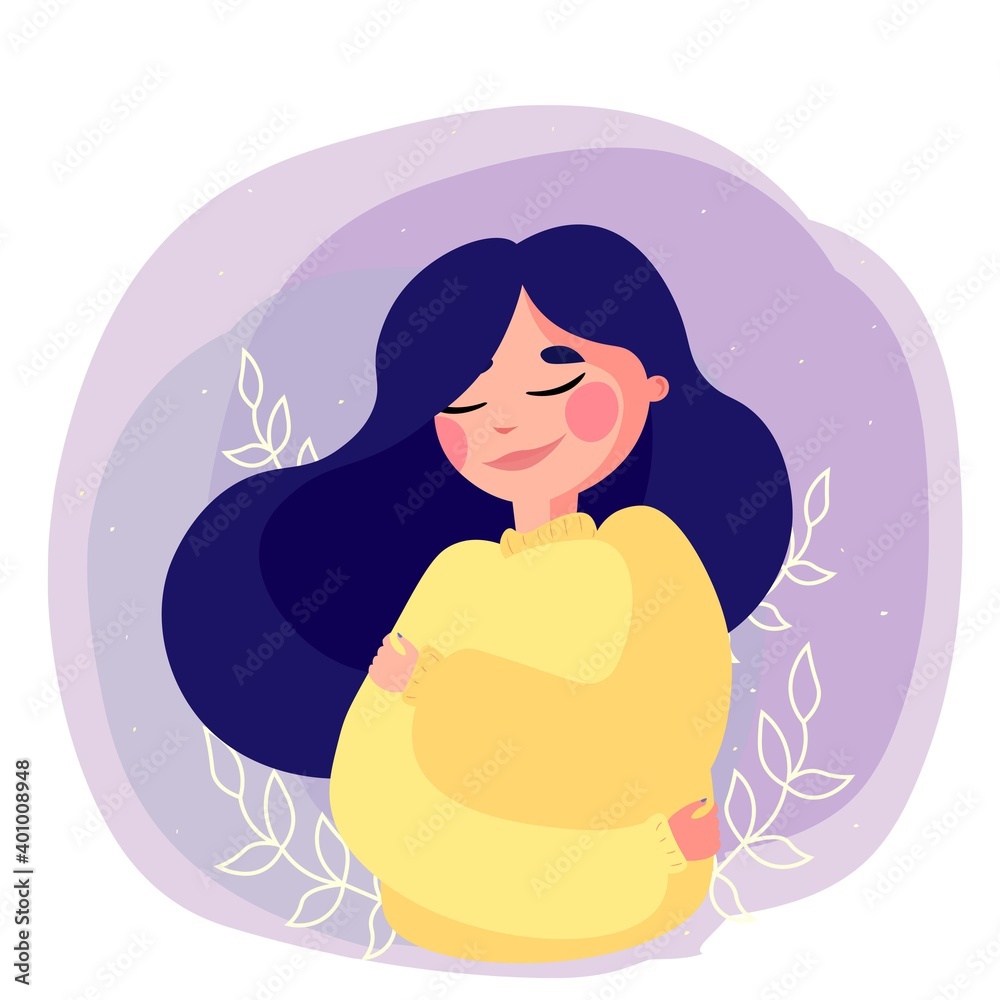 Mujer sonriendo y abrazándose a sí misma con fondo abstracto. Concepto de amor propio.