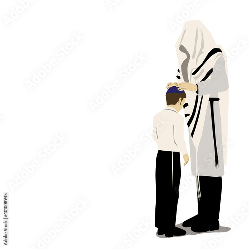 birkas habanim - An Orthodox religious Jewish father covered with a tallit greets his son.
He places his hands on the head of his kippah -covered son.
Dressed in a white robe.
vector