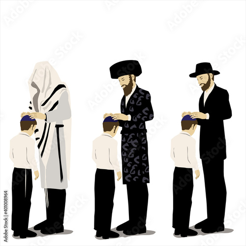 Birkat Habanim - the jewish Blessing of the Children. Religious Orthodox Observant fathers dressed in authentic clothes greet their children. Place their hands on the kids' heads and say a prayer. 