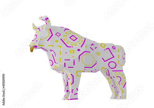 Polygonal White Paper Bull with geometric ornament  folded paper animal figurine  a symbol of the new year 2021  3d render