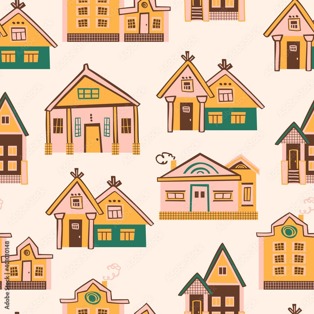 Fototapeta premium Seamless vector vintage cartoon pattern with houses. Flat childish illustration with different buildings on beige background