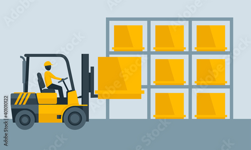 Forklift warehouse working and freight shelf stack