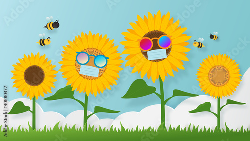 Sunflowers wearing a surgical mask protection of virus and sunglasses with bee. Flat paper art style. illustration vector