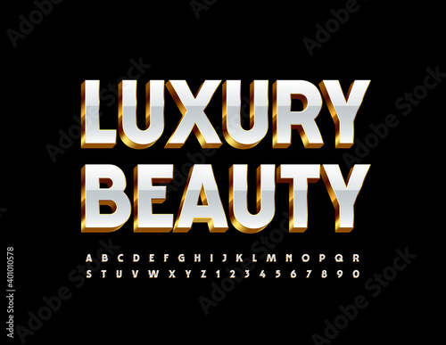 Vector glamour logo Luxury Beauty. White and Gold shiny Alphabet Letters and Numbers. Chic 3D Font