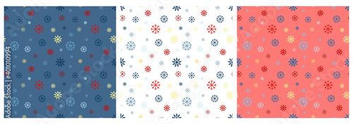 Vector set of seamless patterns with snowflakes on a colored background. Colorful winter patterns for postcards, gifts, packaging.